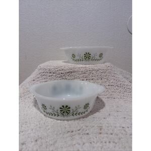 Vintage 1.5 Qt and 2 Qt Glasbake Green Daisy Pattern Casserole Dish